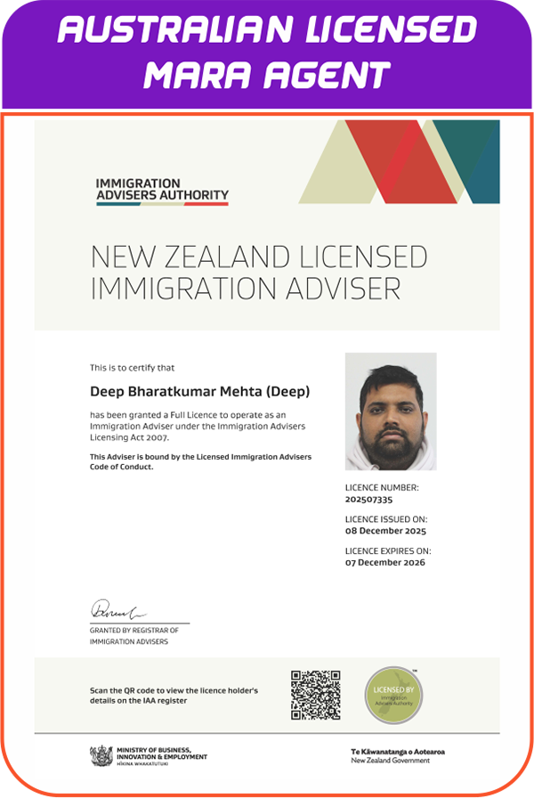 Deep Mehta New Zealand Licensed Immigration Adviser licence 202507335 - Myra Visa